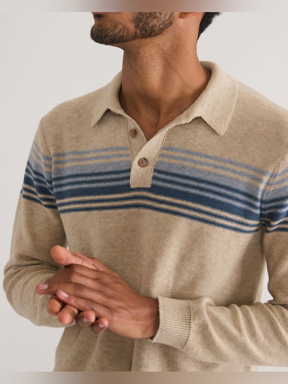 Marine Layer Liam Long Sleeve Sweater Polo Beige & Blue! Men’s Large!